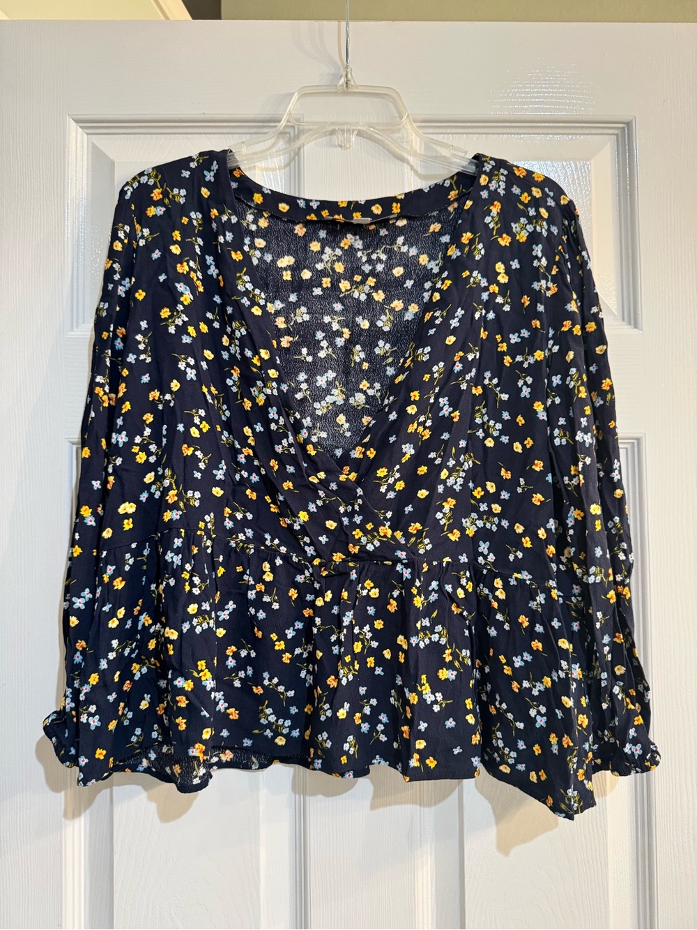 LOFT Floral Peplum Faux Wrap Long Sleeve Top - Navy